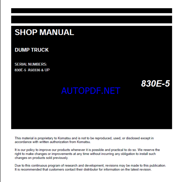 Komatsu 830E-5 Rigid Dump Truck Shop Manual (CEBM041601) (SN A50336-UP)