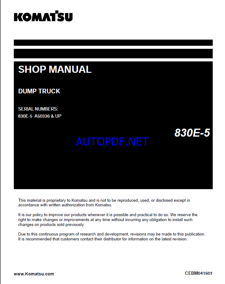 Komatsu 830E-5 Rigid Dump Truck Shop Manual (CEBM041601) (SN A50336-UP)