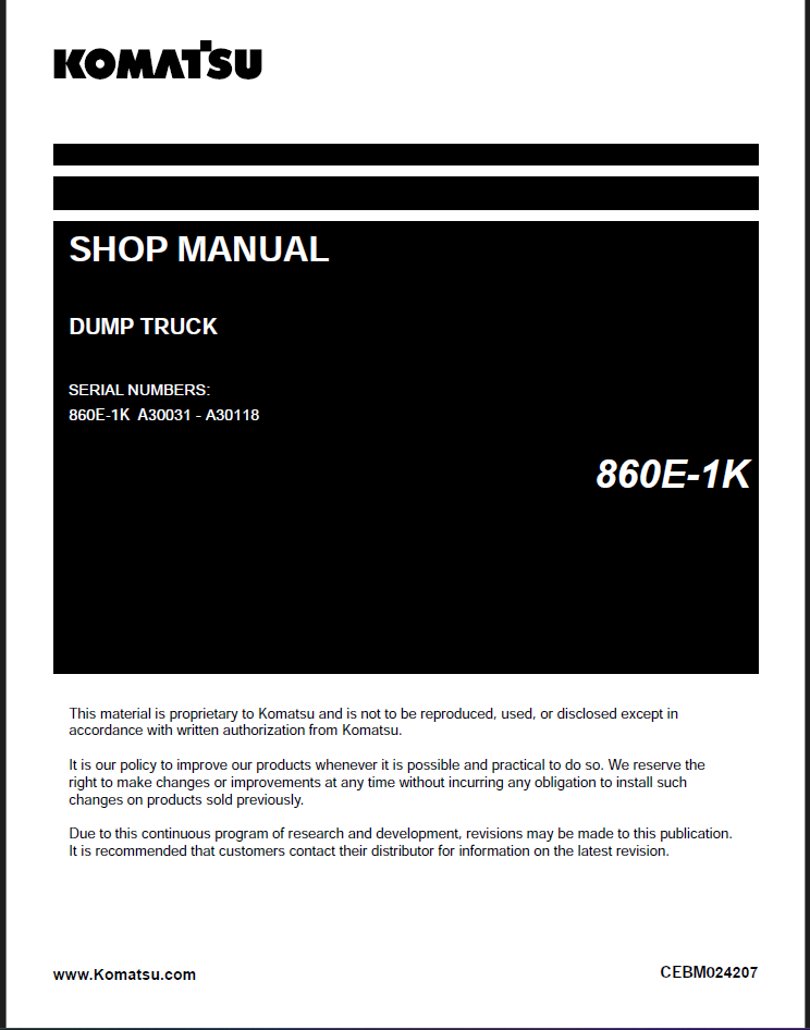 Komatsu 860E-1K Rigid Dump Truck Shop Manual (CEBM024207) (SN A30031-A30118)