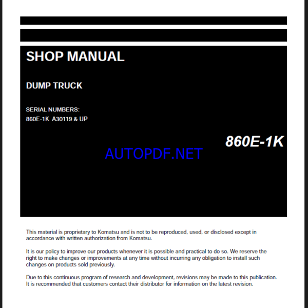 Komatsu 860E-1K Rigid Dump Truck Shop Manual (CEBM037902) (SN A30119-UP)