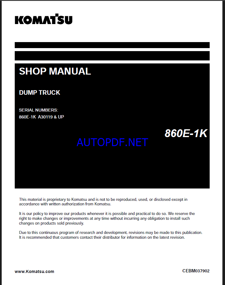 Komatsu 860E-1K Rigid Dump Truck Shop Manual (CEBM037902) (SN A30119-UP)