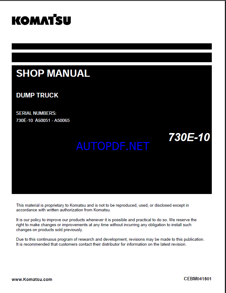 Komatsu 730E-10 Rigid Dump Truck Shop Manual (CEBM041501) (SN A50051-A50065)