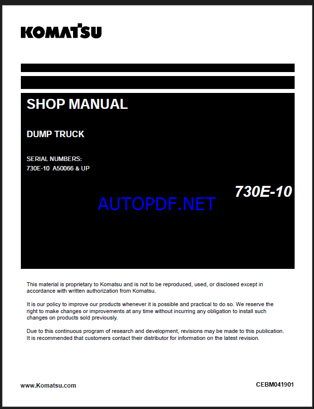 Komatsu 730E-10 Rigid Dump Truck Shop Manual (CEBM041901) (SN A50066-UP)