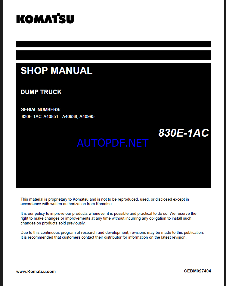 Komatsu 830E-1AC Rigid Dump Truck Shop Manual (CEBM027404)