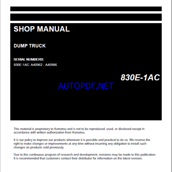 Komatsu 830E-1AC Rigid Dump Truck Shop Manual (CEBM029904) (SN A40962-A40986)
