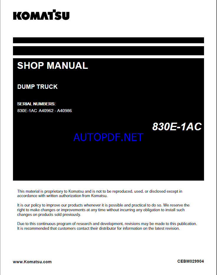 Komatsu 830E-1AC Rigid Dump Truck Shop Manual (CEBM029904) (SN A40962-A40986)