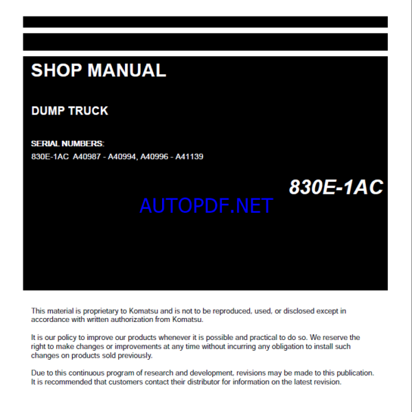 Komatsu 830E-1AC Rigid Dump Truck Shop Manual (CEBM032804)