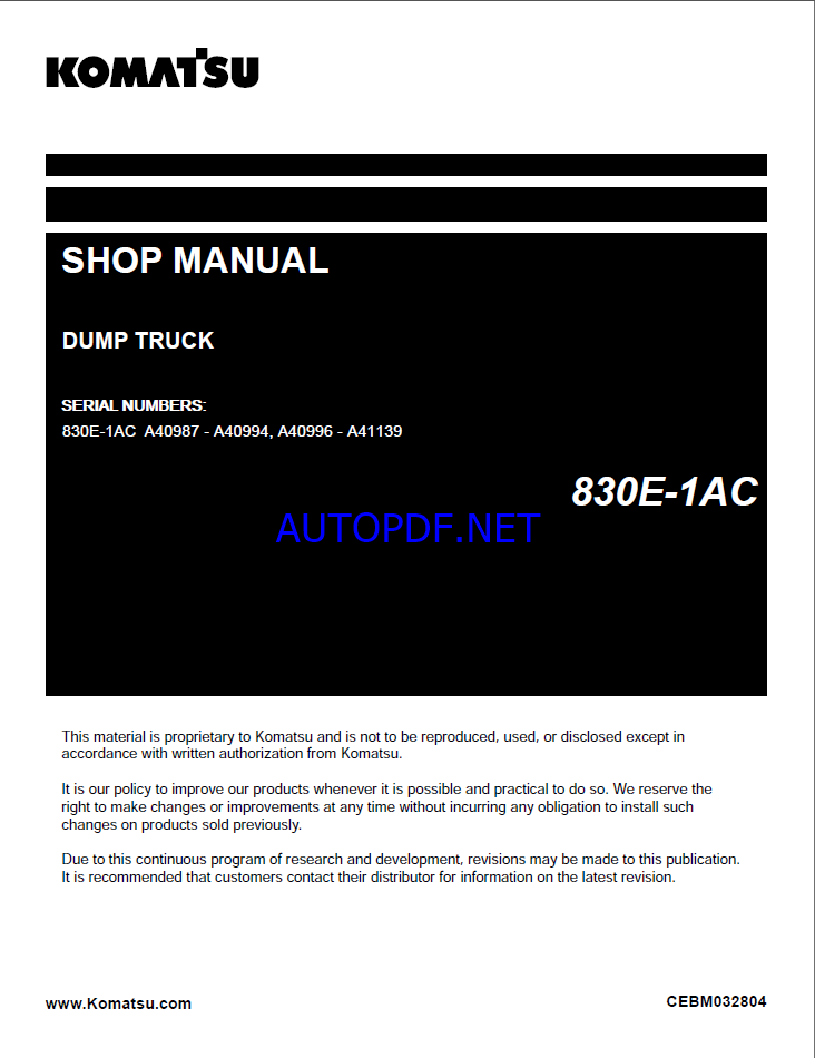 Komatsu 830E-1AC Rigid Dump Truck Shop Manual (CEBM032804)
