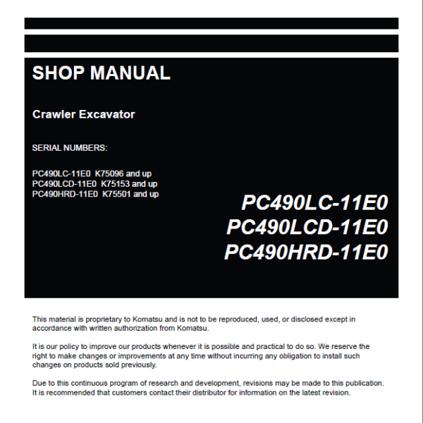 Komatsu PC490HRD-11E0, PC490LC-11E0 Crawler Excavator Shop Manual (UENBM00830)