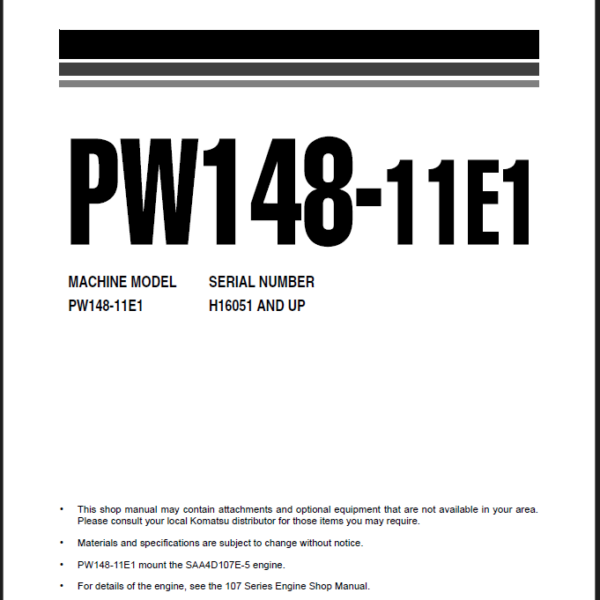 Komatsu PW148-11E1 Wheeled Excavator Shop Manual (VENBM77000) (SN H16051-UP)
