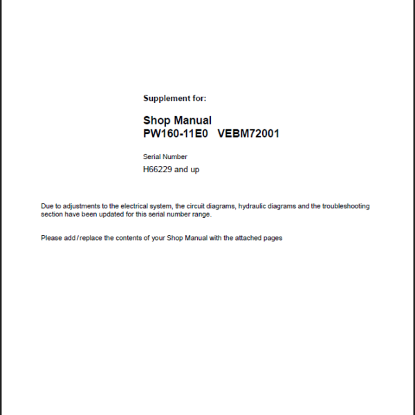Komatsu PW160-11E0 Wheeled Excavator Shop Manual (VENBM72001-S1) (SN H66229-UP)