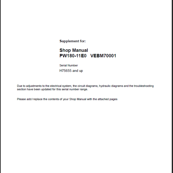 Komatsu PW180-11E0 Wheeled Excavator Shop Manual (VENBM70001-S1) (SN H75655-UP)
