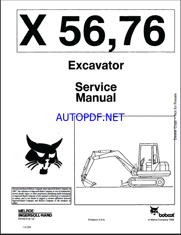 Bobcat 56 Excavator Service Manual (6570475) (SN 504712001-504799999)