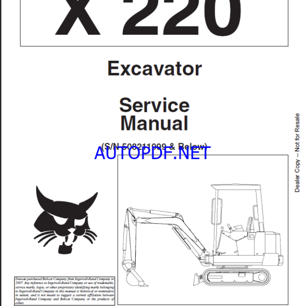 Bobcat 220 Excavator Service Manual (6720230) (SN 508211001-508211999)