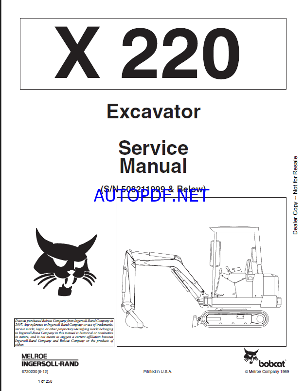 Bobcat 220 Excavator Service Manual (6720230) (SN 508211001-508211999)