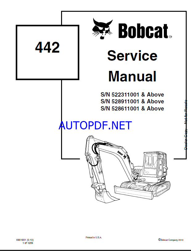 Bobcat 442 Excavator Service Manual (6901801) (SN 522311001-522399999)