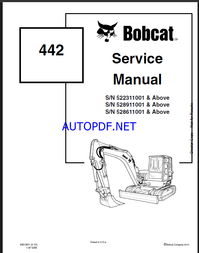 Bobcat 442 Excavator Service Manual (6901801) (SN 528611001-528699999)