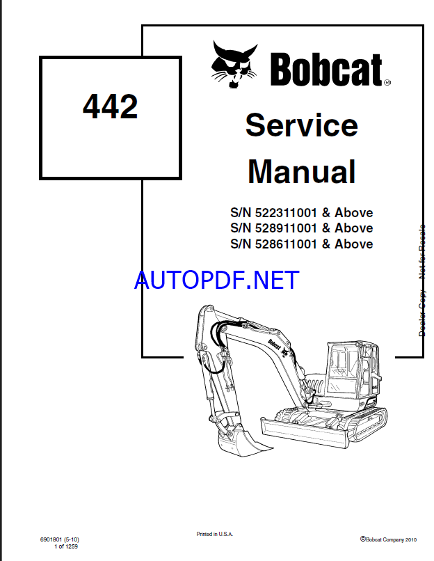 Bobcat 442 Excavator Service Manual (6901801) (SN 528911001-528999999)