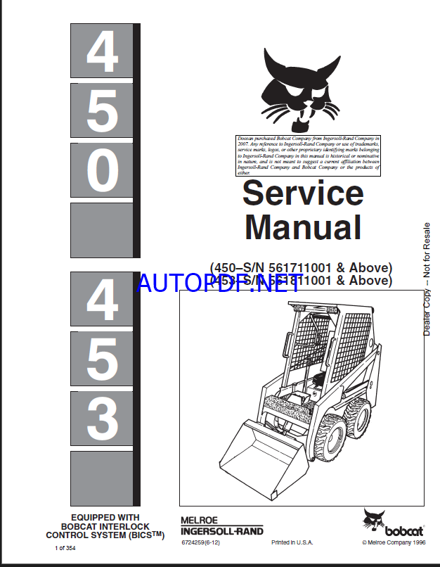 Bobcat 450 Loader Service Manual (6724259) (SN 561711001-561799999)