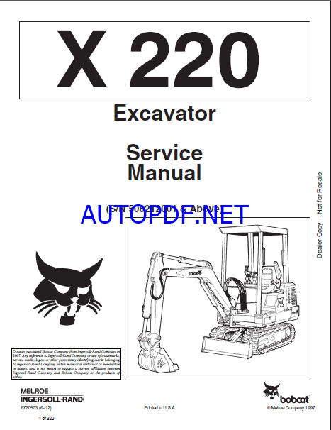 Bobcat 220 Excavator Service Manual (6720503) (SN 508212001-508214999)