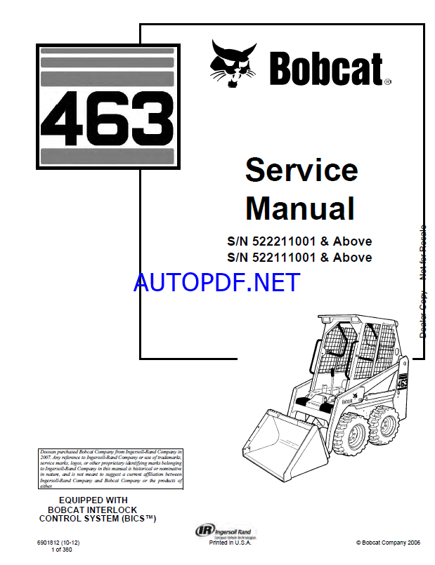 Bobcat 463 Loader Service Manual (6901812) (SN 522111001-522199999)