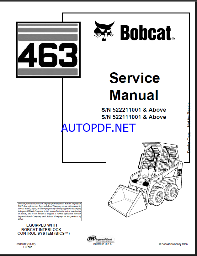 Bobcat 463 Loader Service Manual (6901812) (SN 522211001-522299999)