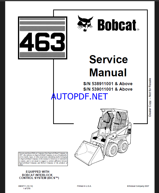 Bobcat 463 Loader Service Manual (6903711) (SN 538911001-538999999)