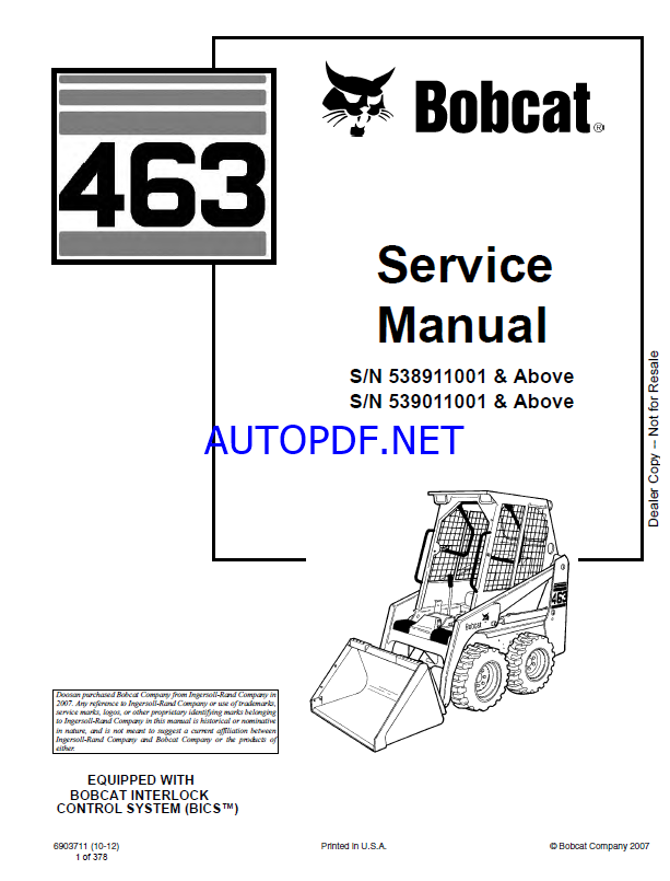 Bobcat 463 Loader Service Manual (6903711) (SN 539011001-539099999)