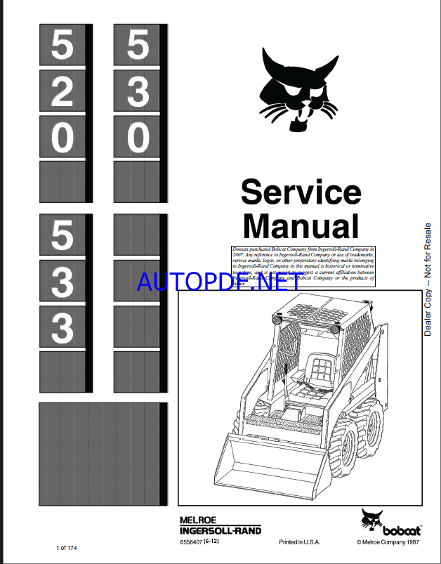 Bobcat 520 Loader Service Manual (6556407) (SN 981M11001-981M99999)