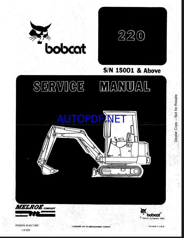 Bobcat 220 Excavator Service Manual (6722345) (SN 508215001-508299999)