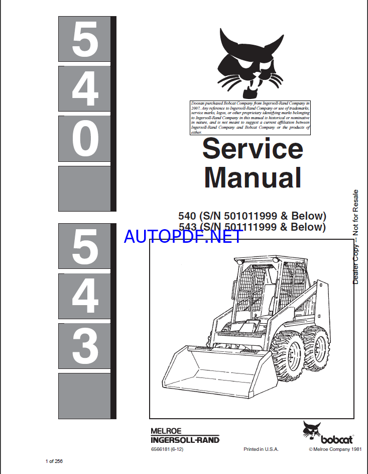 Bobcat 540 Loader Service Manual (6566181) (SN 501011001-501011999)