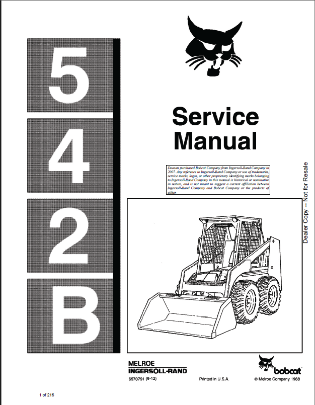 Bobcat 542 Loader Service Manual (6570791) (SN 506911001-506999999)