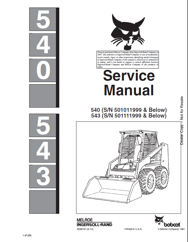 Bobcat 543 Loader Service Manual (6566181) (SN 501111001-501111999)