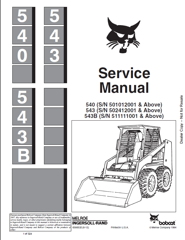 Bobcat 543 Loader Service Manual (6566532) (SN 502412001-502499999)