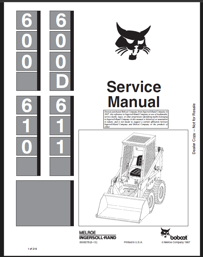 Bobcat 610 Loader Service Manual (6556276) (NO SN)