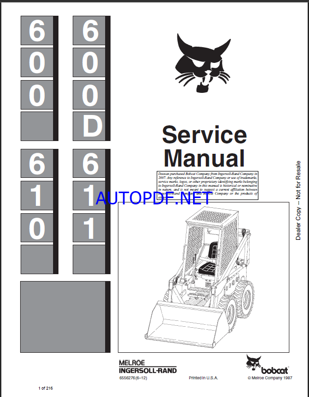 Bobcat 611 Loader Service Manual (6556277) (NO SN)