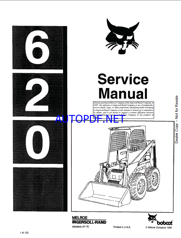 Bobcat 620 Loader Service Manual (6549846) (NO SN)
