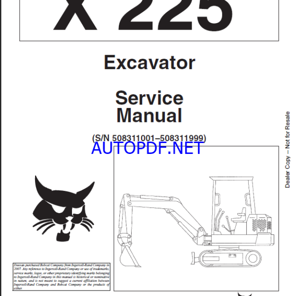 Bobcat 225 Excavator Service Manual (6720347) (SN 508311001-508311999)
