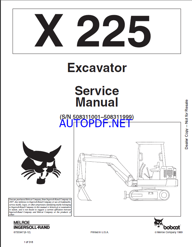 Bobcat 225 Excavator Service Manual (6720347) (SN 508311001-508311999)