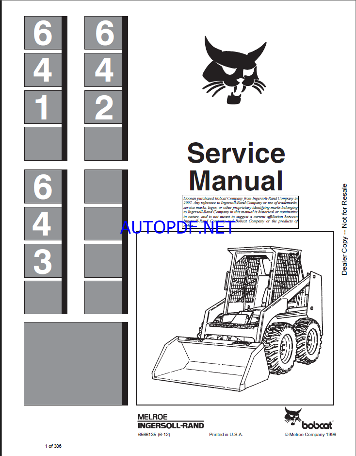 Bobcat 641 Loader Service Manual (6566135) (SN 501311001-501399999)