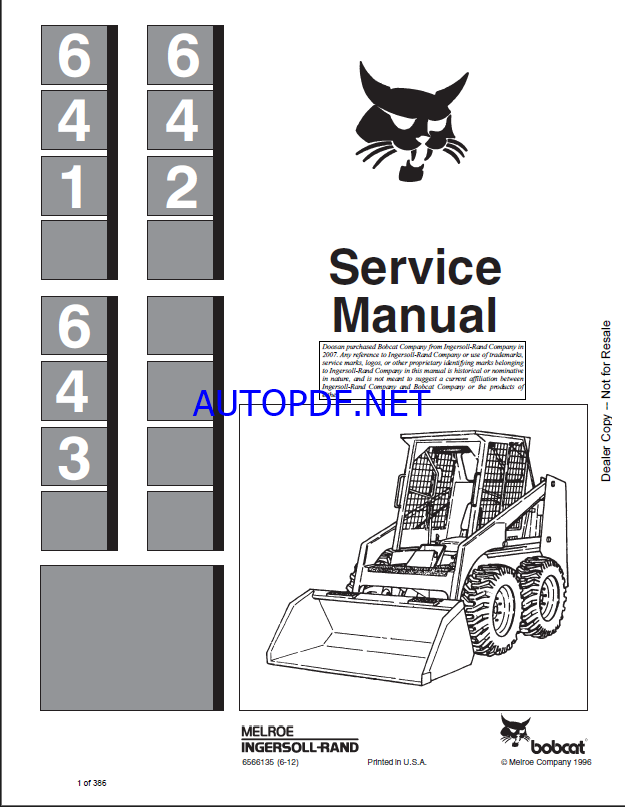 Bobcat 642 Loader Service Manual (6566135) (SN 501411001-501499999)