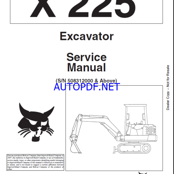 Bobcat 225 Excavator Service Manual (6720874) (SN 508312001-508399999)