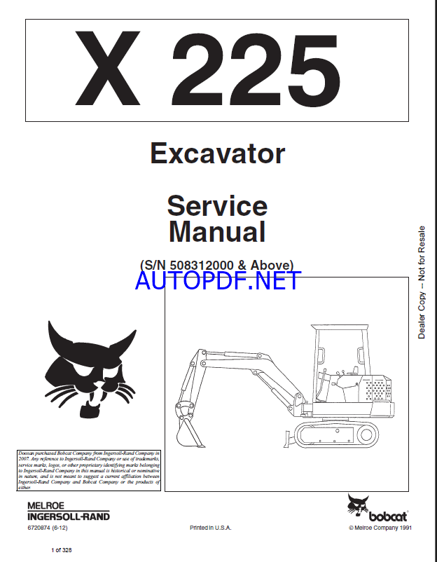 Bobcat 225 Excavator Service Manual (6720874) (SN 508312001-508399999)