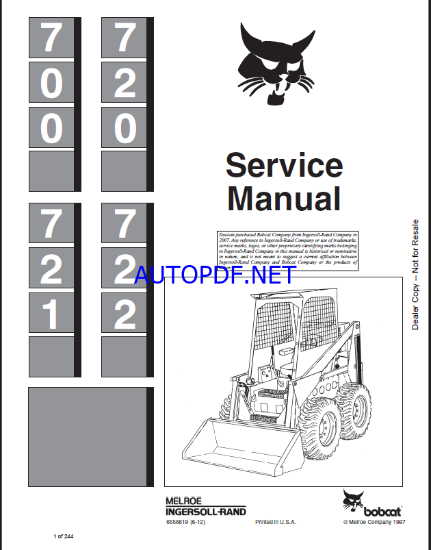 Bobcat 722 Loader Service Manual (6556619) (SN 498211001-498299999)