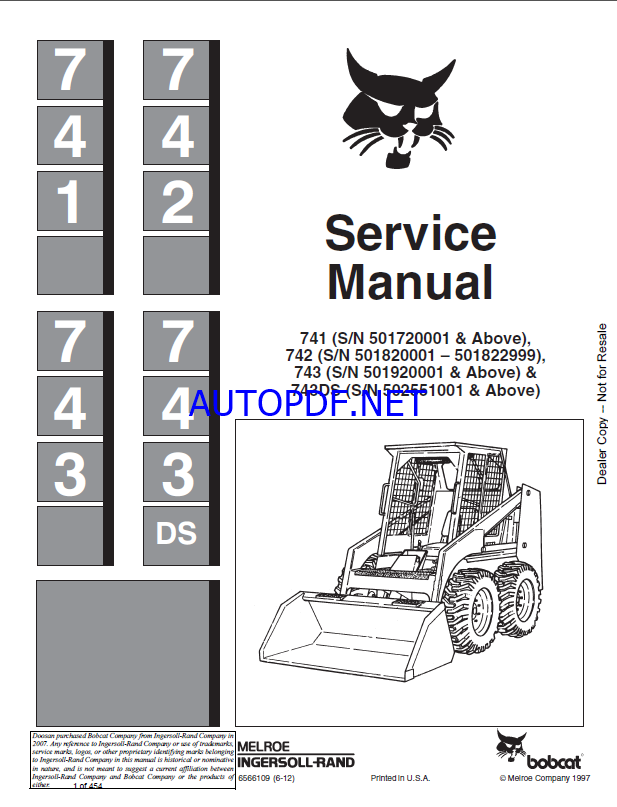 Bobcat 743 Loader Service Manual (6566109) (SN 509311001-509317999)