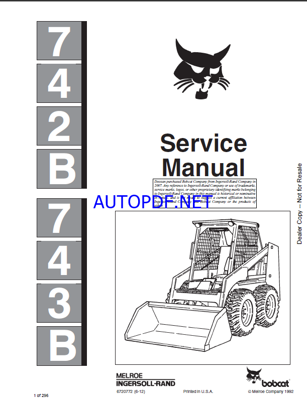 Bobcat 743 Loader Service Manual (6720772) (SN 509318001-509399999)