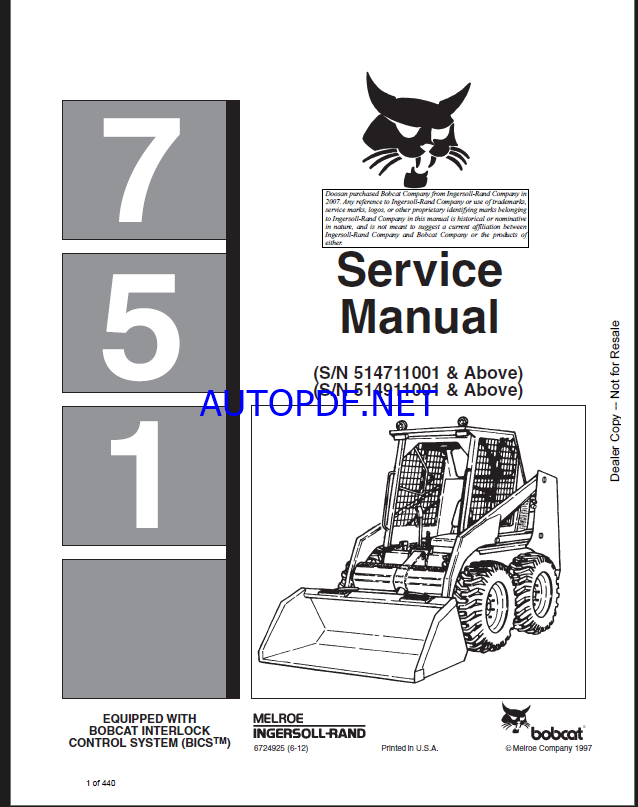Bobcat 751 Loader Service Manual (6724925) (SN 514711001-514799999)