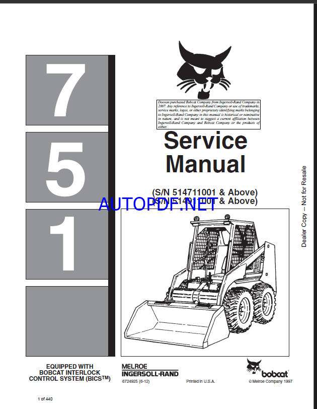 Bobcat 751 Loader Service Manual (6724925) (SN 514911001-514999999)