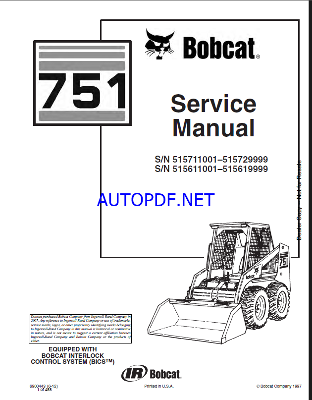 Bobcat 751 Loader Service Manual (6900443) (SN 515611001-515619999)