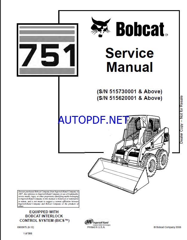 Bobcat 751 Loader Service Manual (6900975) (SN 515620001-515699999)